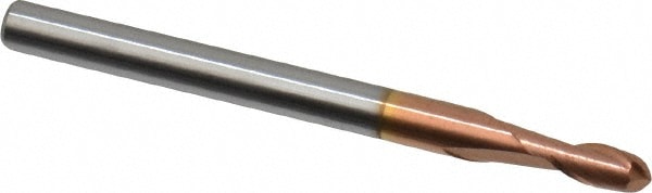 Ball End Mill: 0.098" Dia, 0.1969" LOC, 2 Flute, Solid Carbide