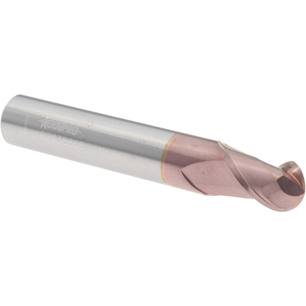 Ball End Mill: 11.00 mm Dia, 14.00 mm LOC, 2 Flute, Solid Carbide