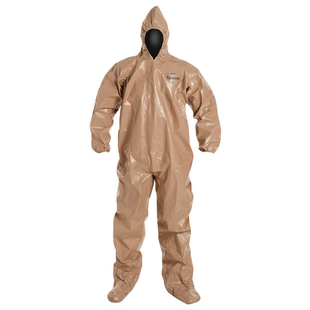 Disposable Coveralls: Chemical, Liquid, Splash & Abrasion Protection, Size Large, 4.4000 oz, Tychem 5000 C3122TTN - Zipper & Stormflaps Closure,  Tan,  Taped Seam, Elastic Cuff, Attached Sock Ankle, ISO Class Non-Cleanroom