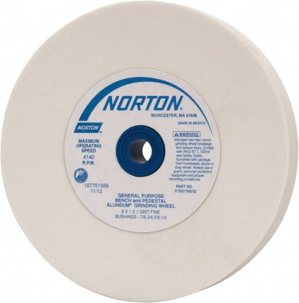 Norton 7660788262 Bench & Pedestal Grinding Wheel: 6" Dia, 1" Thick, 1" Hole Dia, Aluminum Oxide Image