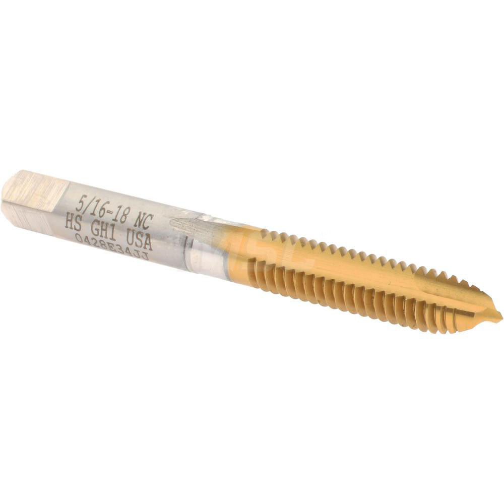 Spiral Point Tap: 5/16-18, UNC, 2 Flutes, Plug, High Speed Steel, TiN Finish