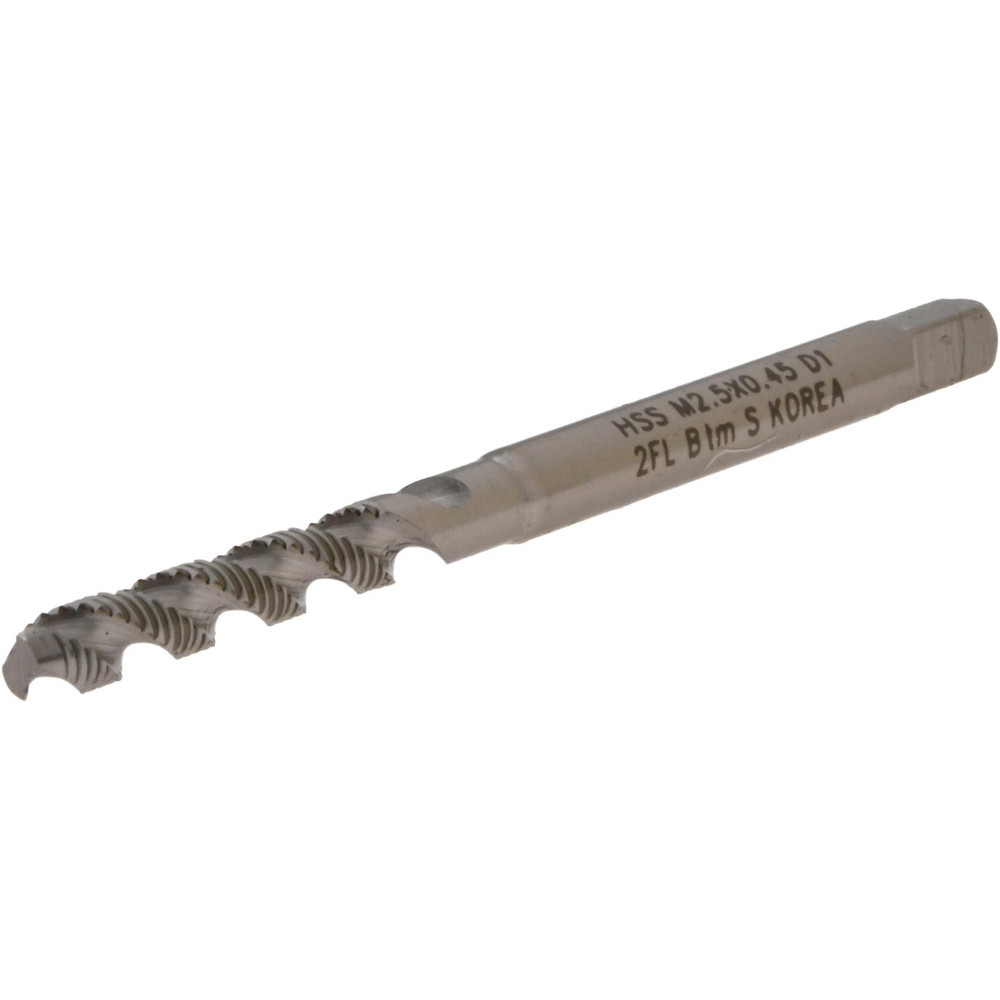 M2.5x0.45 Metric Coarse/EGM, 2 Flute, 52° Helix, Bottoming Chamfer, Bright Finish, High Speed Steel Spiral Flute STI Tap