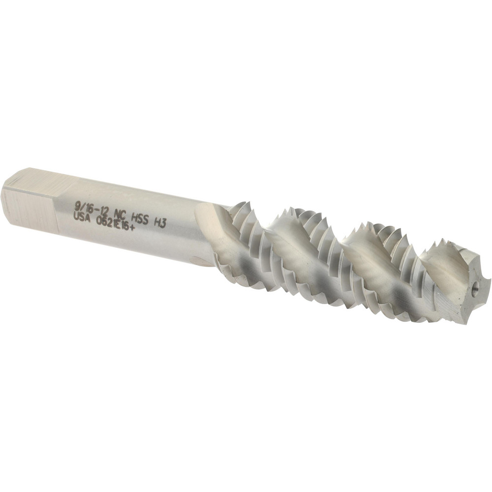 Spiral Flute Tap: 9/16-12, UNF, 3 Flute, Plug, High Speed Steel, Bright/Uncoated