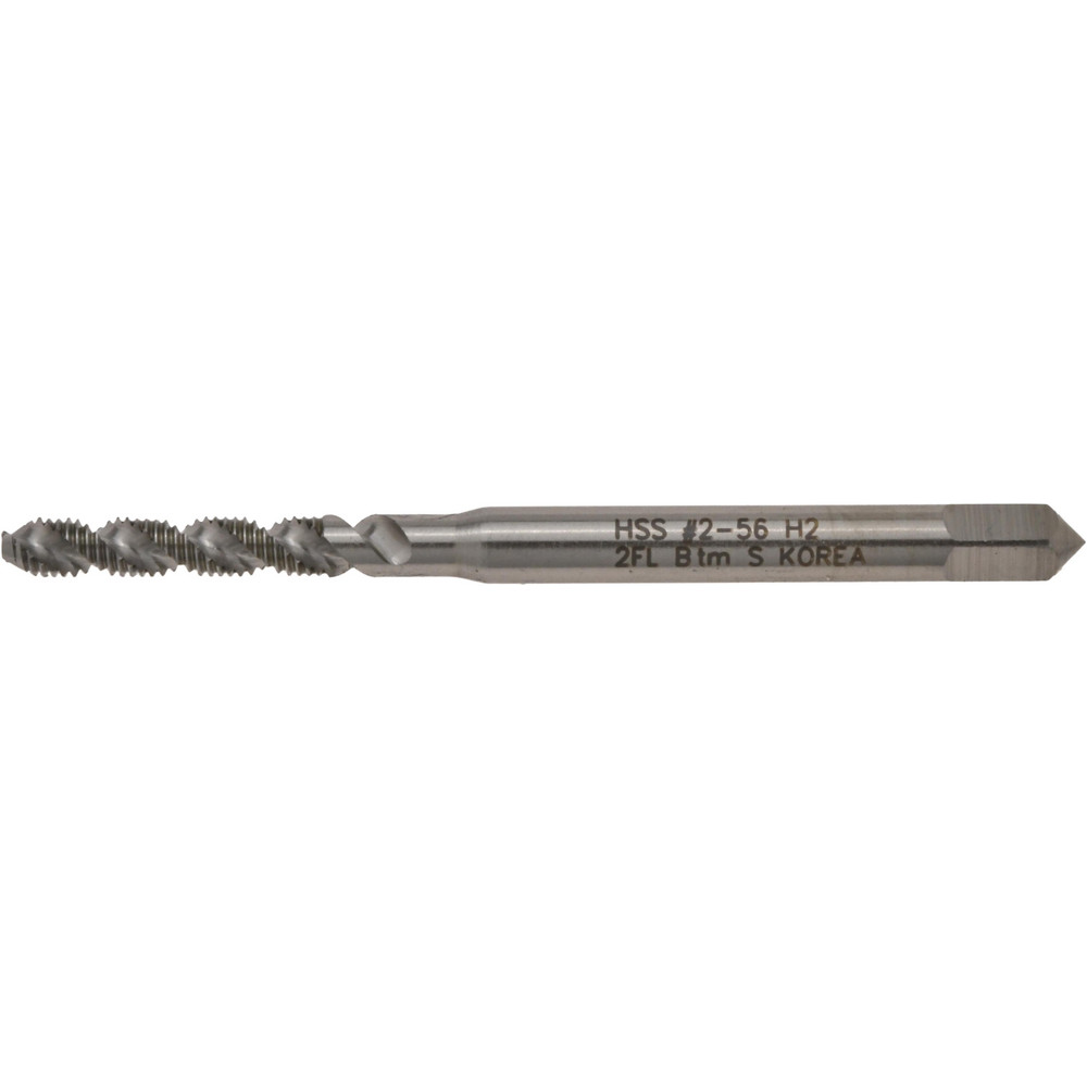 #2-56 UNC, 2 Flute, 52° Helix, Bottoming Chamfer, Bright Finish, High Speed Steel Spiral Flute STI Tap