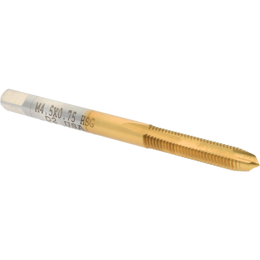 Spiral Point Tap: M4.5 x 0.75, Metric Coarse, 2 Flutes, Plug, High Speed Steel, TiN Finish