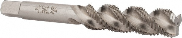 3/8-24 UNF, 3 Flute, 52° Helix, Bottoming Chamfer, Bright Finish, High Speed Steel Spiral Flute STI Tap