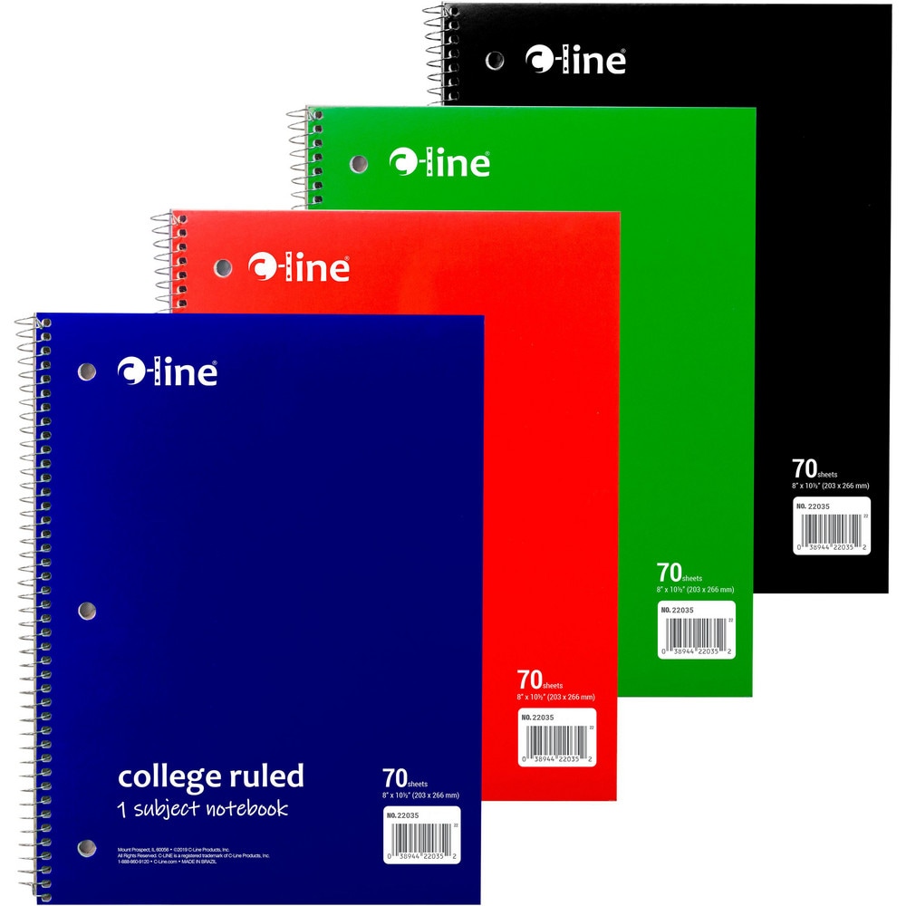 Note Pads, Writing Pads & Notebooks; Product Type: College Ruled Spiral-Notebook ; Paper Color: White ; Style of Rule: College ; Cover Color: Blue; Red; Green; Black ; Binding Location: Side ; Overall Length (Decimal Inch): 10.5