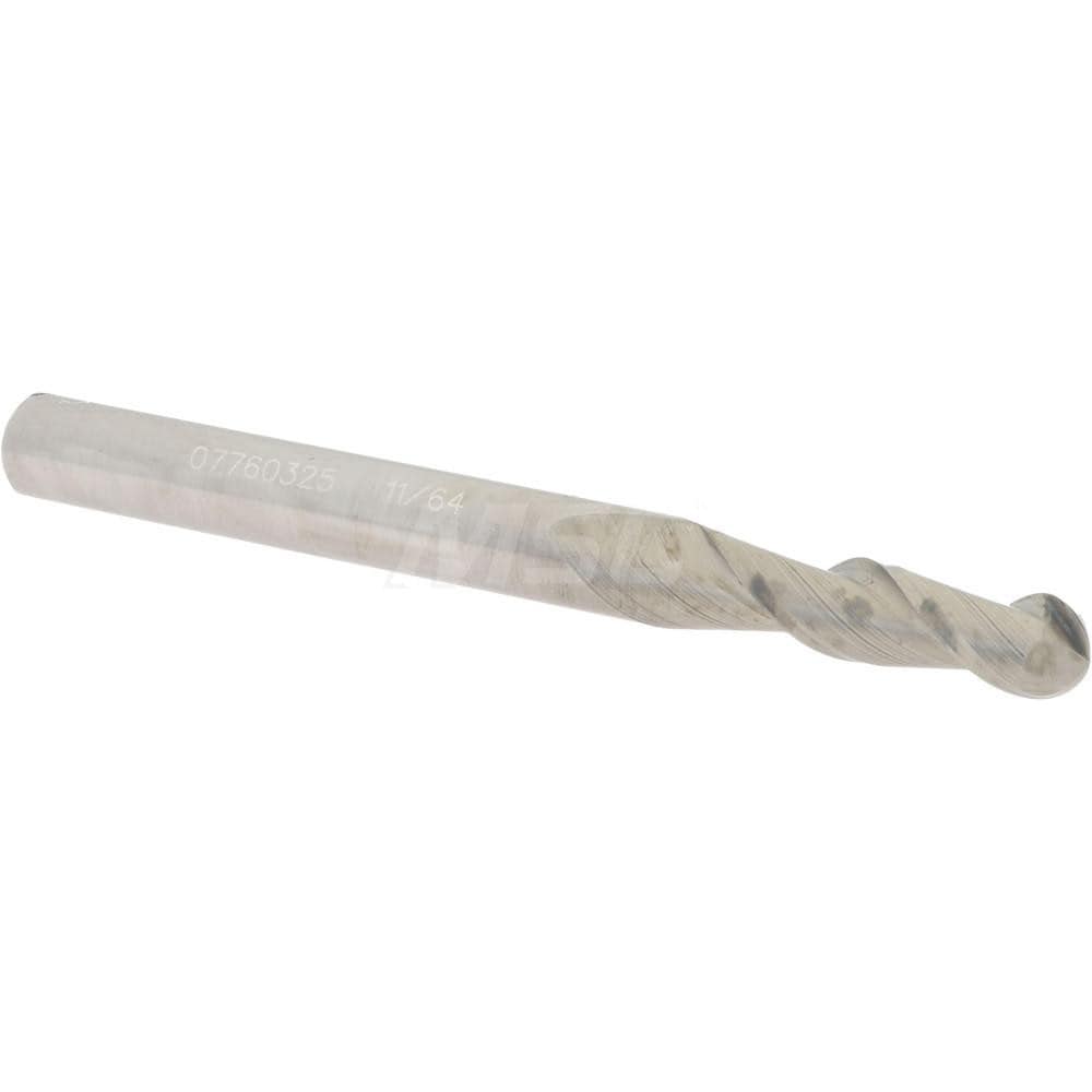 Ball End Mill: 0.1719" Dia, 0.625" LOC, 2 Flute, Solid Carbide
