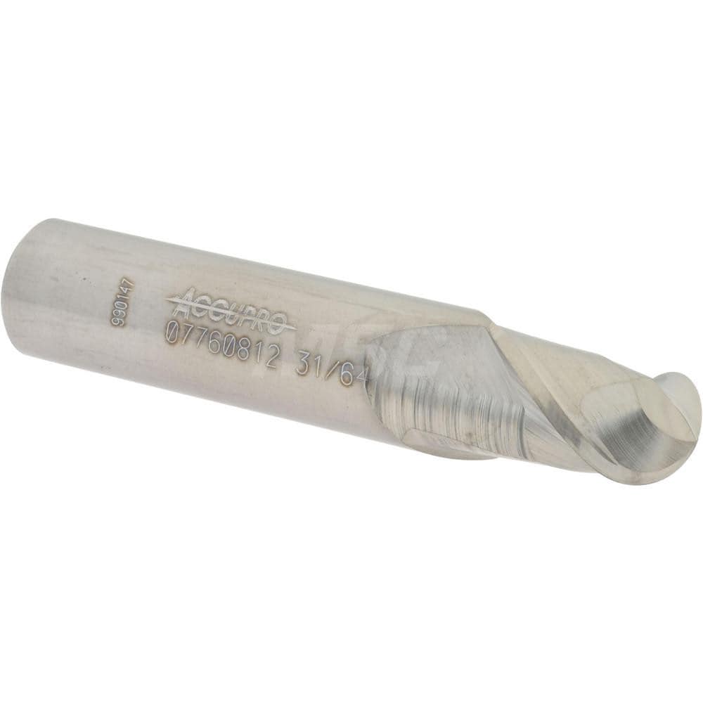 Ball End Mill: 0.4844" Dia, 0.625" LOC, 2 Flute, Solid Carbide