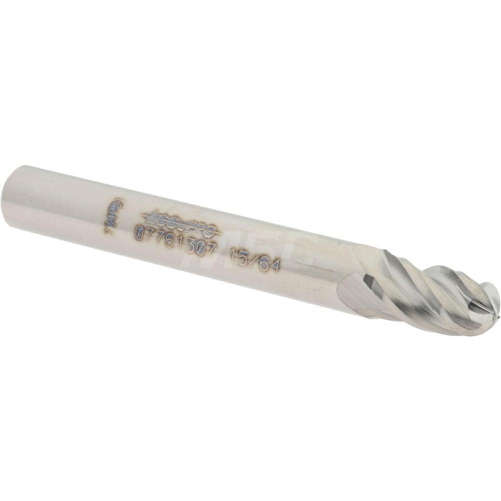 Ball End Mill: 0.2344" Dia, 0.375" LOC, 4 Flute, Solid Carbide