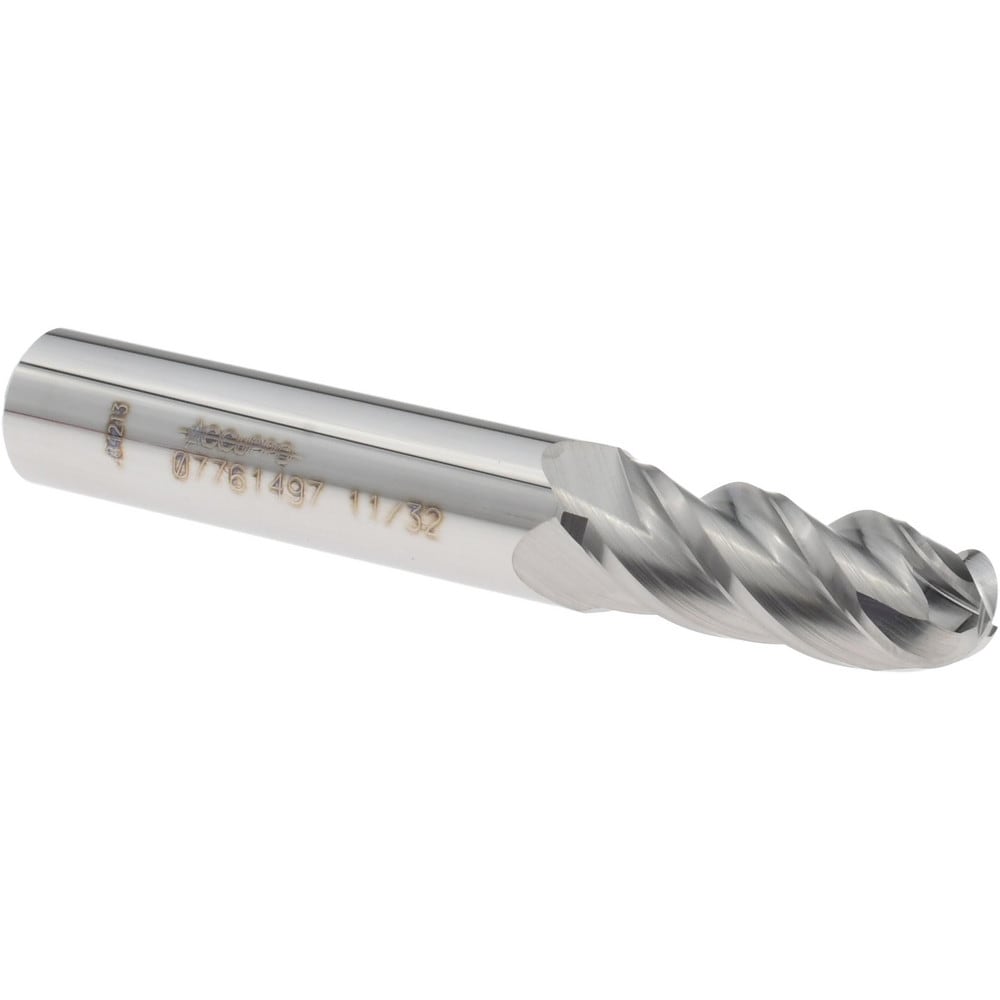 Ball End Mill: 11/32" Dia, 7/8" LOC, 4 Flute, Solid Carbide