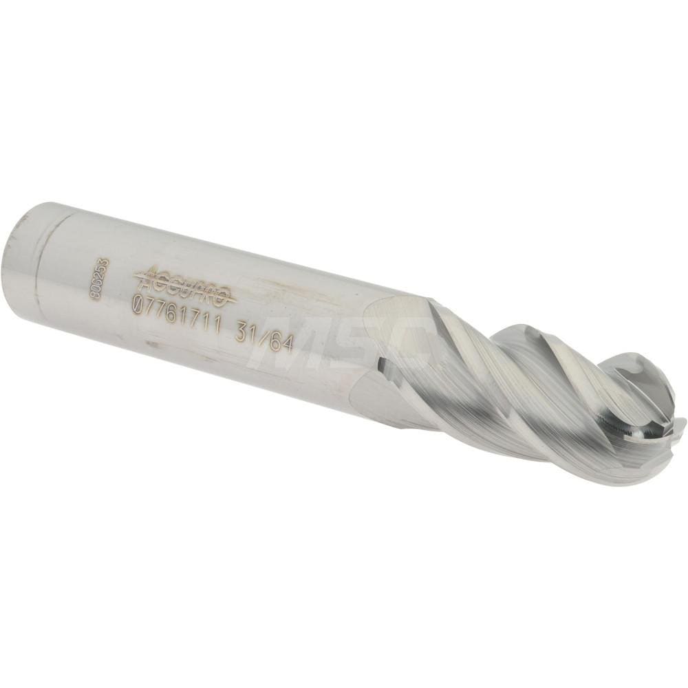 Ball End Mill: 0.4844" Dia, 1" LOC, 4 Flute, Solid Carbide