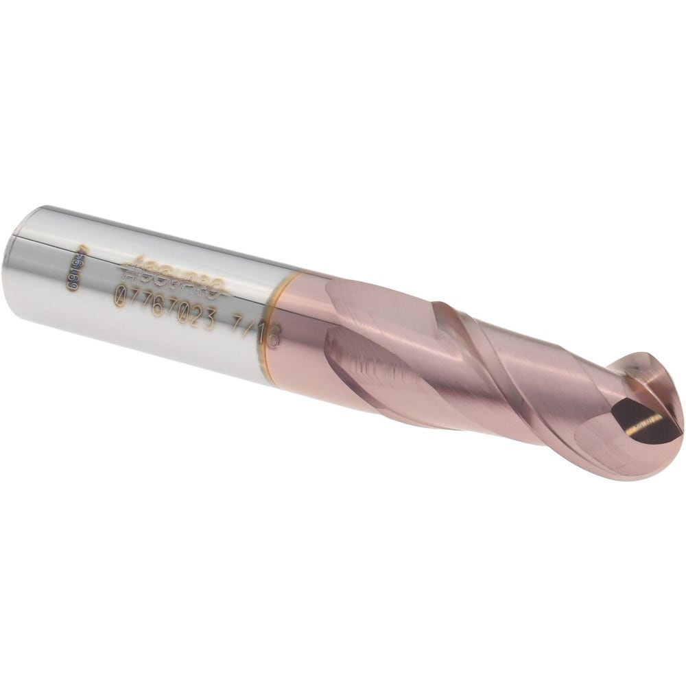 Ball End Mill: 7/16" Dia, 1" LOC, 2 Flute, Solid Carbide