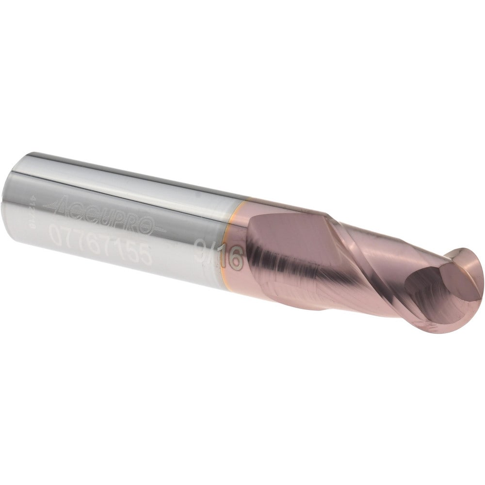 Ball End Mill: 9/16" Dia, 7/8" LOC, 2 Flute, Solid Carbide