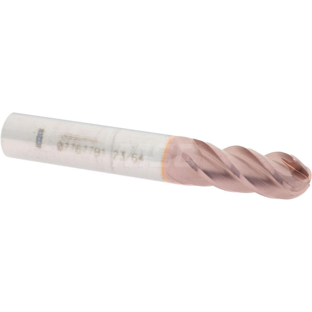 Ball End Mill: 0.3594" Dia, 0.875" LOC, 4 Flute, Solid Carbide