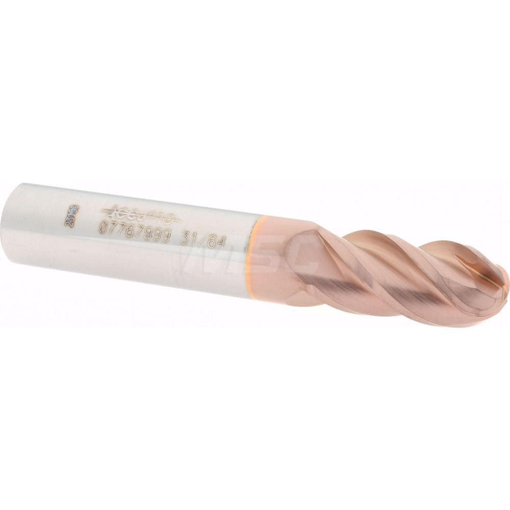 Ball End Mill: 0.4844" Dia, 1" LOC, 4 Flute, Solid Carbide