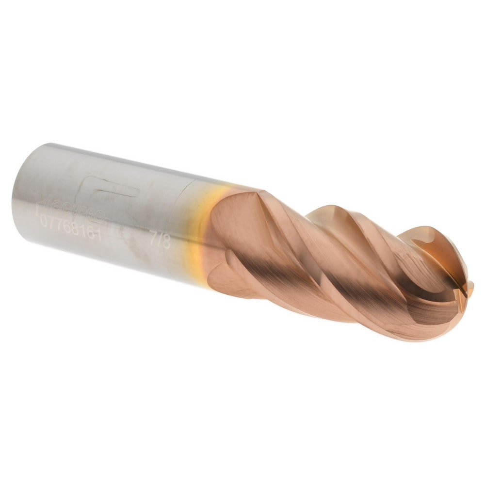 Ball End Mill: 0.875" Dia, 1.75" LOC, 4 Flute, Solid Carbide