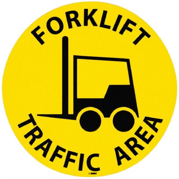 Accident Prevention Adhesive Backed Floor Sign: Round, Vinyl, ''FORKLIFT TRAFFIC AREA''