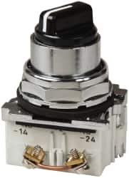 Selector Switch with Contact Blocks: 3 Positions, Maintained (MA), 0.5 Amp, Black Knob