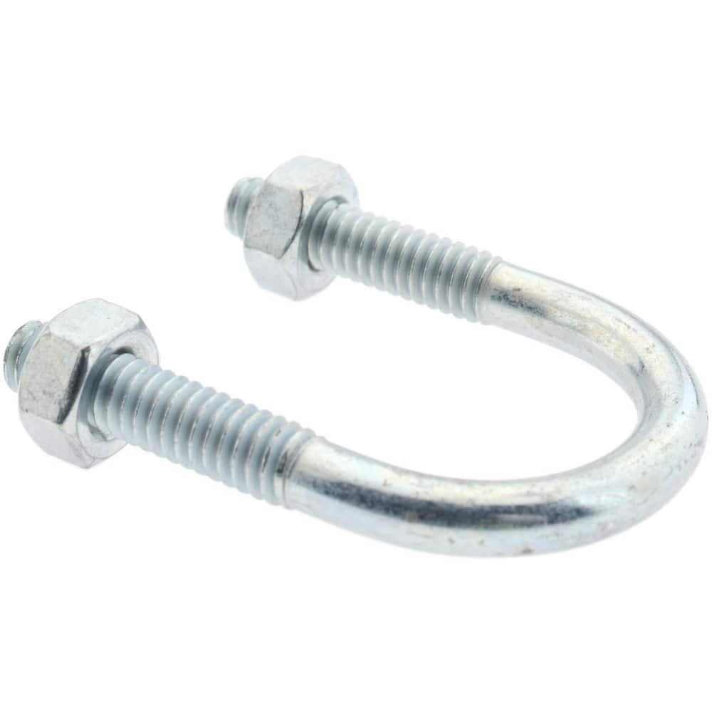 Round U-Bolt: Without Mount Plate, 1/4-20 UNC, 1" Thread Length, for 1/2" Pipe, 1" Inside Width, Steel