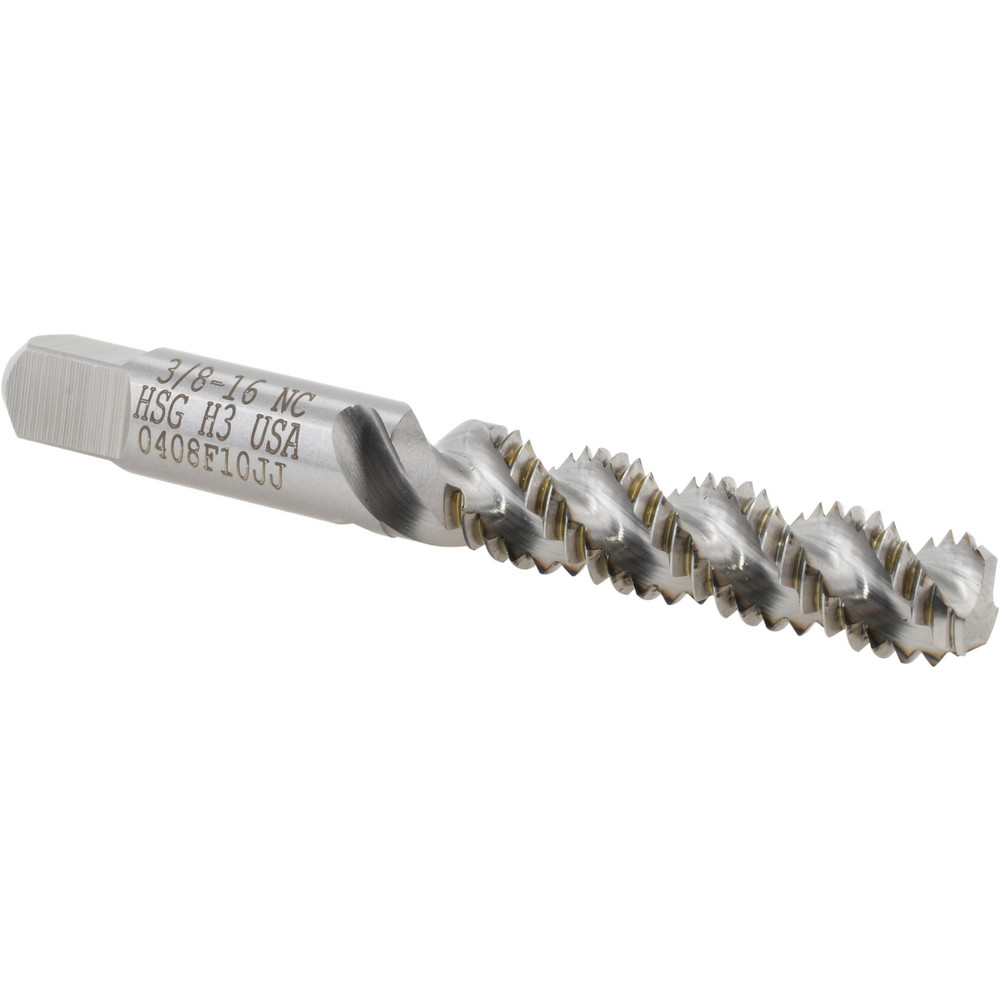 Spiral Flute Tap: 3/8-16 UNC, 3 Flutes, Semi-Bottoming, 2B/3B Class of Fit, High Speed Steel, Bright/Uncoated