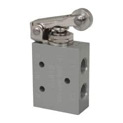 Manually Operated Valve: 0.13" NPT Outlet, Four-Way, Roller Lever & Spring Actuated