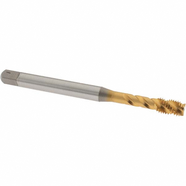 Spiral Flute Tap: 1/4-28 UNF, 3 Flutes, Modified Bottoming, 2B Class of Fit, Vanadium High Speed Steel, TIN Coated