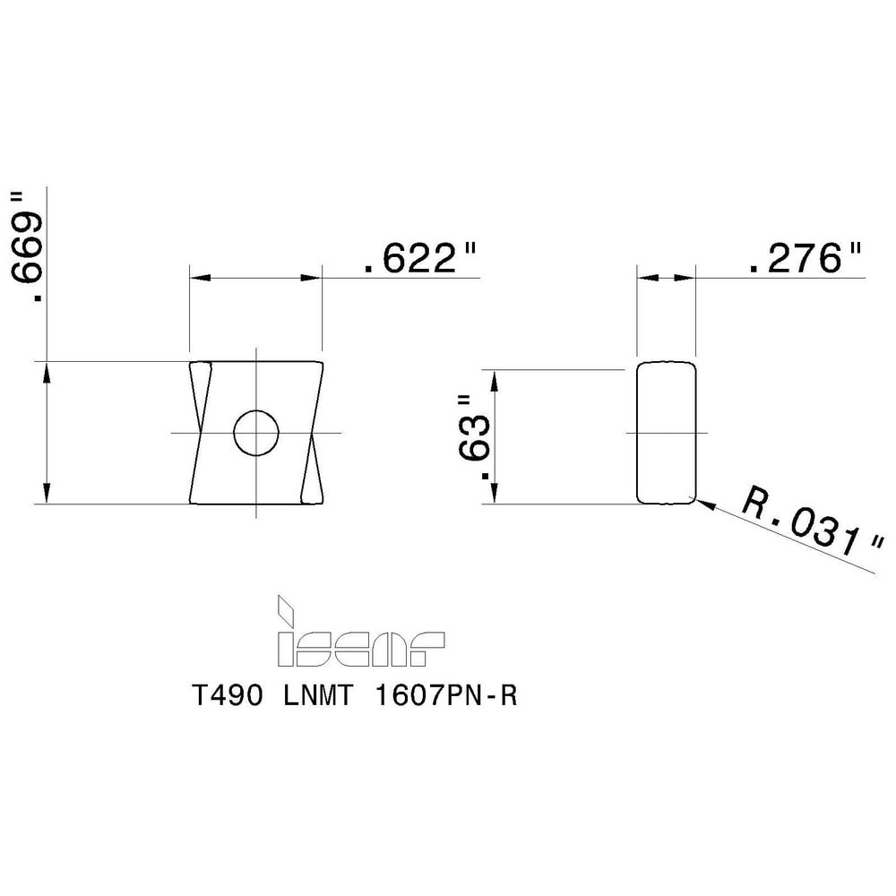 Iscar - Milling Insert: T490 LNMT 1607PN-R IC808, Solid Carbide