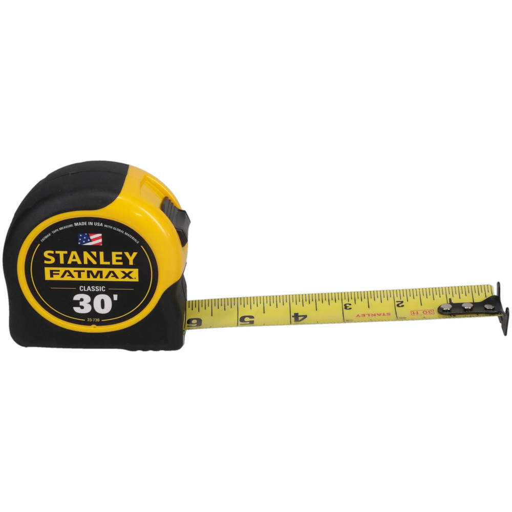 Tape Measure: 30' Long, 1-1/4" Width, Yellow Blade - 1/16" Graduation, Inch Graduation, Black & Yellow Case
