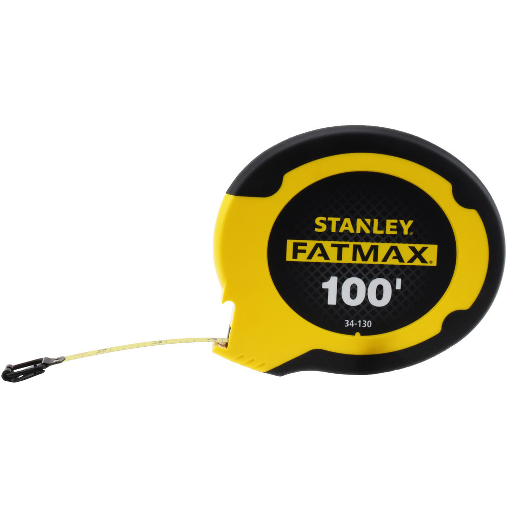 Tape Measure: 100' Long, 3/8" Width, Yellow Blade - 1/8" Graduation, Inch Graduation, Black & Yellow Case