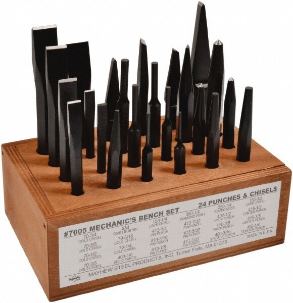 24 Piece Center, Pin, Prick & Solid Punch & Cape, Cold, Diamond Point & Half Round Chisel & Rivet Buster
