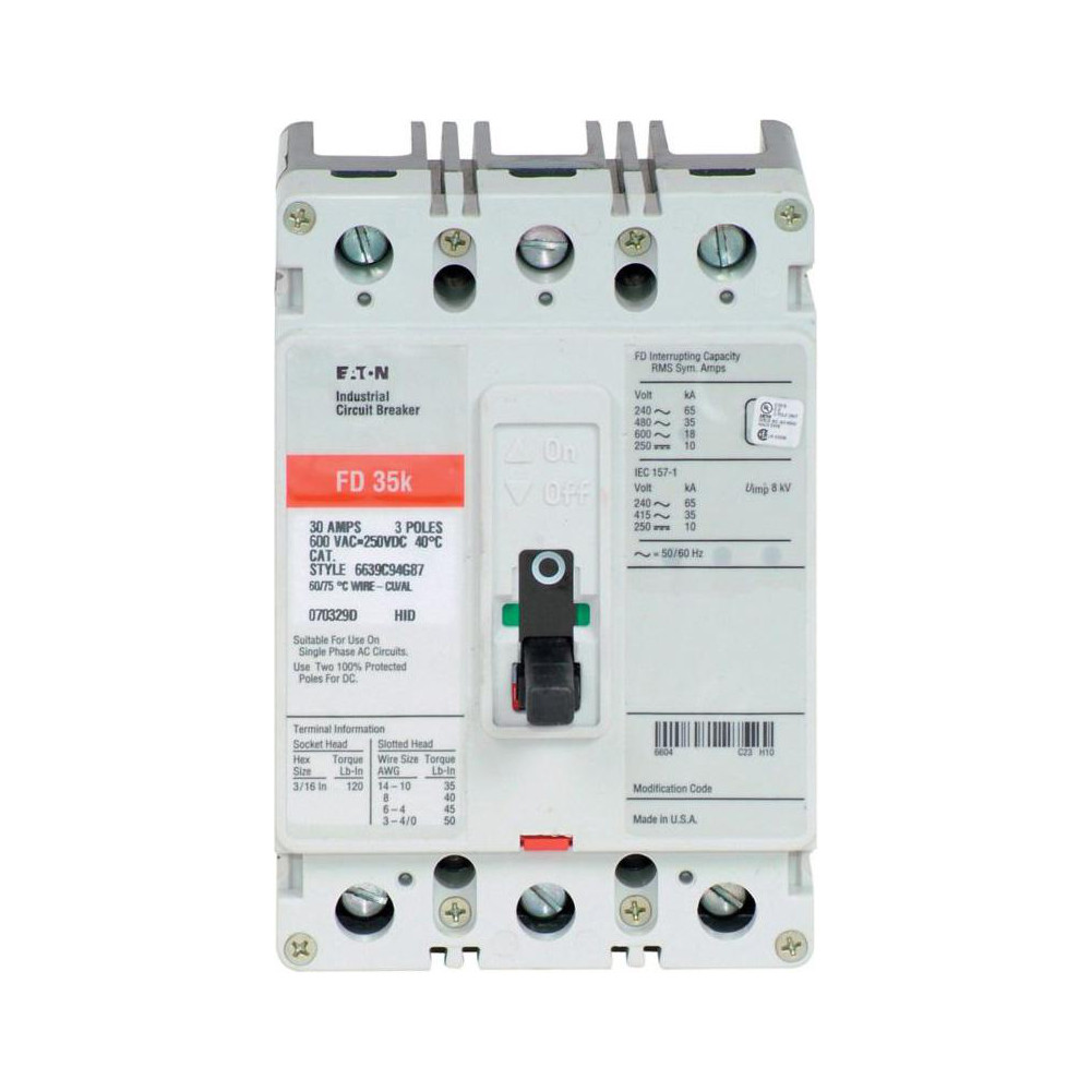 Eaton Cutler-Hammer 3P 100A 600VAC MAX 18K MOLDED CASE CIRCUIT BRKR | Part #FD3100