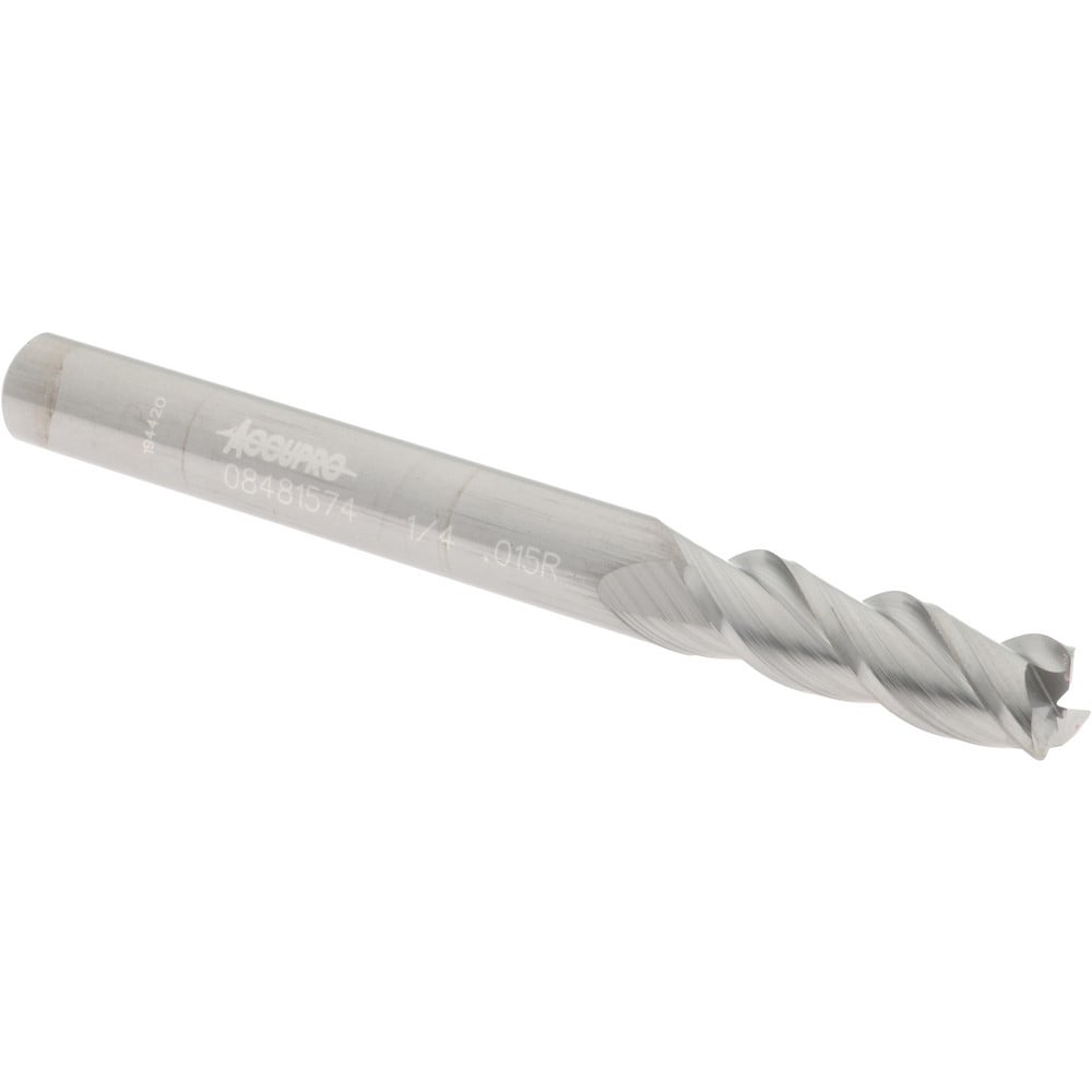 Accupro High Performance Milling Corner Radius End Mill: 1/4 Dia, 3/4 LOC, 0.015 Radius, 3 Flutes, Solid Carbide - 2-1/2 OAL, 1/4 Shank Dia, 40