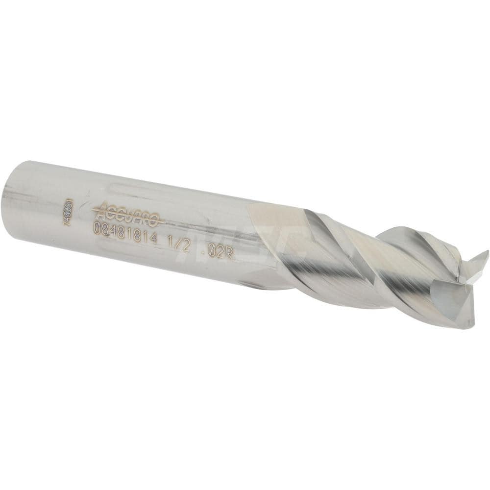 Accupro 12182065 Corner Radius End Mill: 1/2" Dia, 1" LOC, 0.02" Radius, 3 Flutes, Solid Carbide 