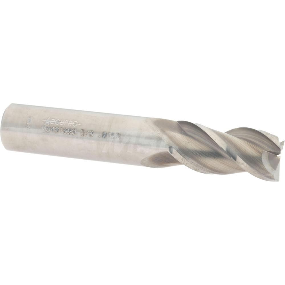 Corner Radius End Mill: 5/8" Dia, 1-1/4" LOC, 0.015" Radius, 3 Flutes, Solid Carbide