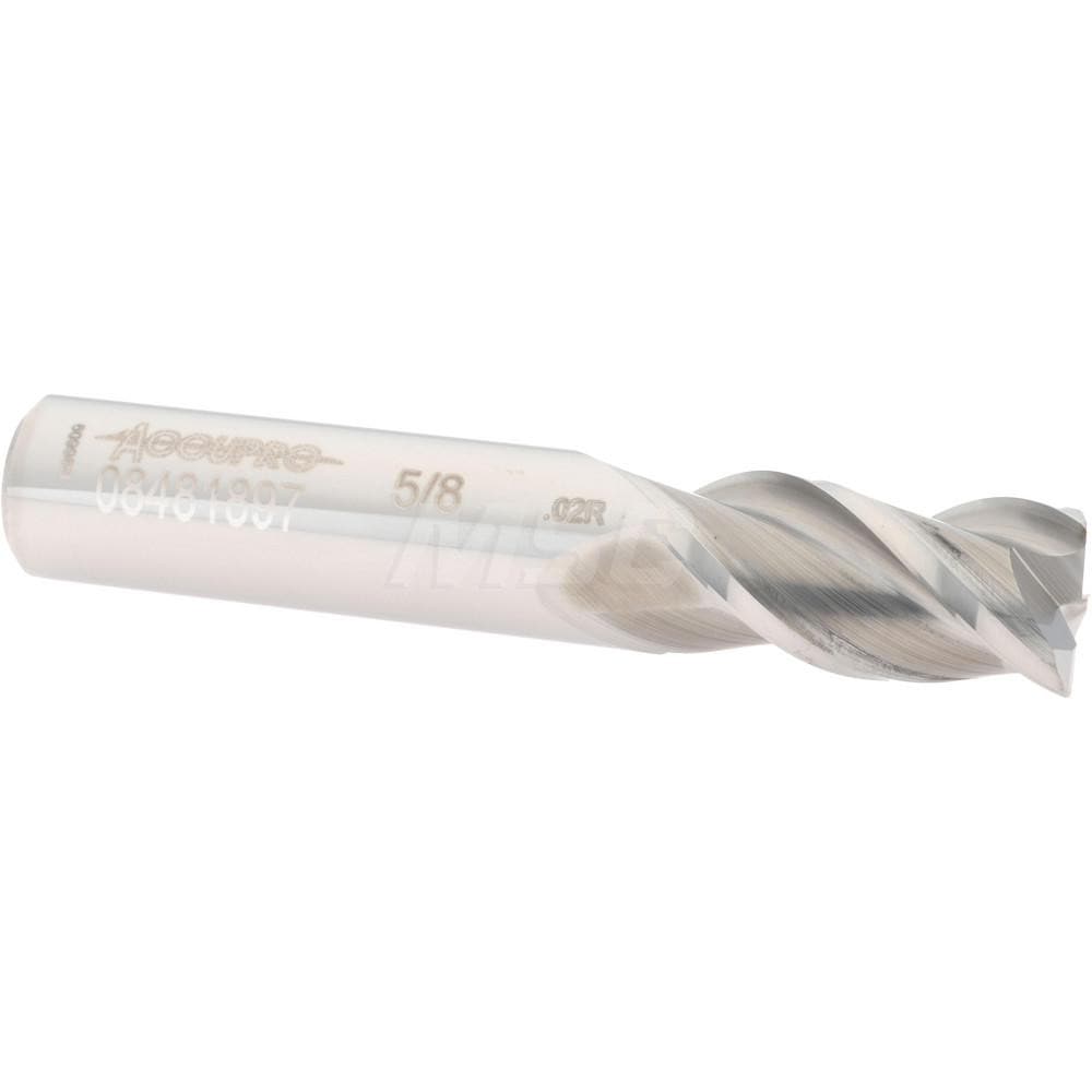 Corner Radius End Mill: 5/8" Dia, 1-1/4" LOC, 0.02" Radius, 3 Flutes, Solid Carbide