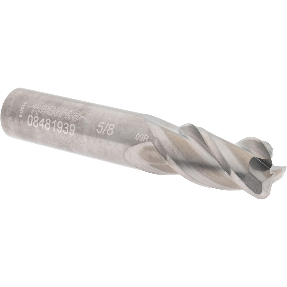 Corner Radius End Mill: 5/8" Dia, 1-1/4" LOC, 0.09" Radius, 3 Flutes, Solid Carbide