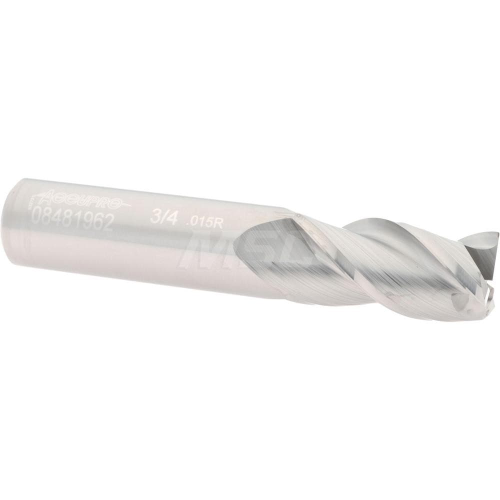 Corner Radius End Mill: 3/4" Dia, 1-1/2" LOC, 0.015" Radius, 3 Flutes, Solid Carbide