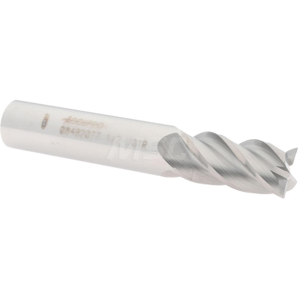 Accupro 12182587 Corner Radius End Mill: 1/2" Dia, 1" LOC, 0.01" Radius, 4 Flutes, Solid Carbide 