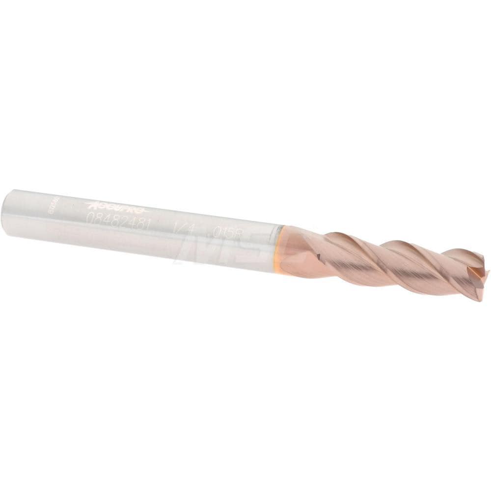 Corner Radius End Mill: 1/4" Dia, 3/4" LOC, 0.015" Radius, 3 Flutes, Solid Carbide