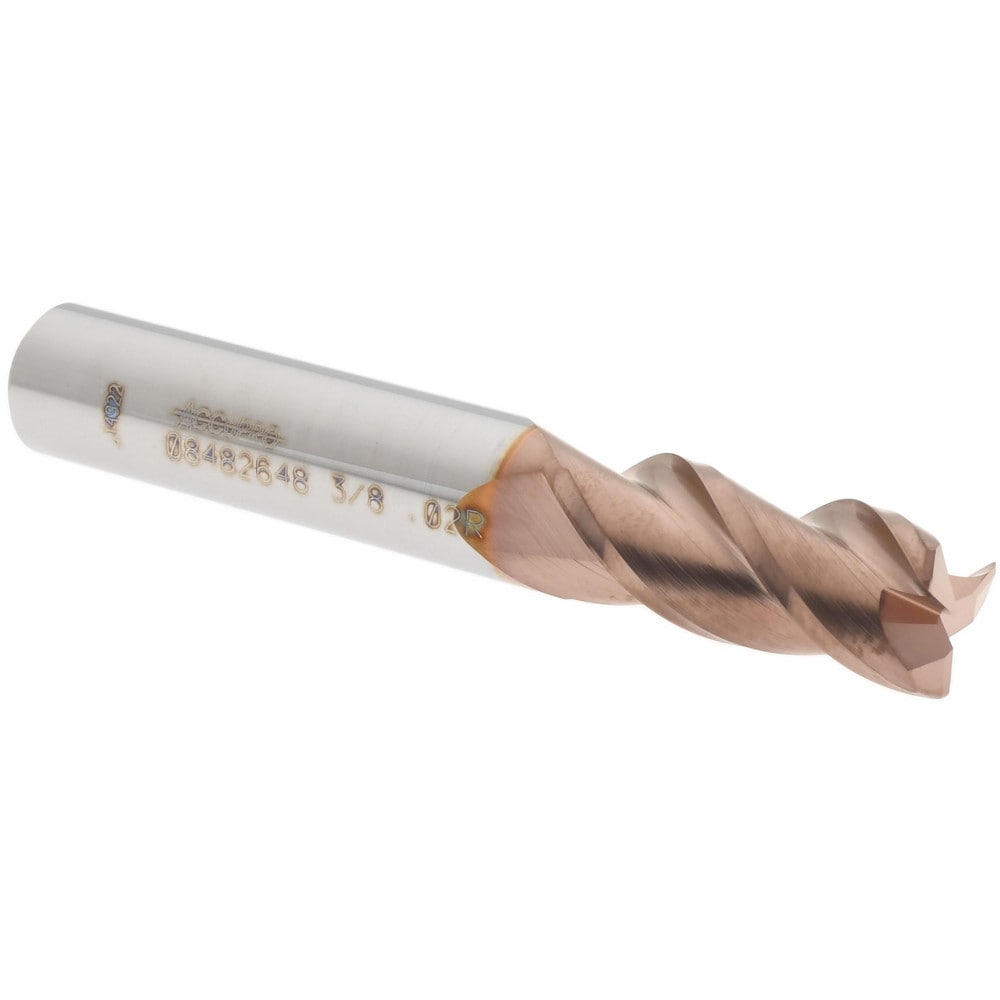Corner Radius End Mill: 3/8" Dia, 7/8" LOC, 0.02" Radius, 3 Flutes, Solid Carbide