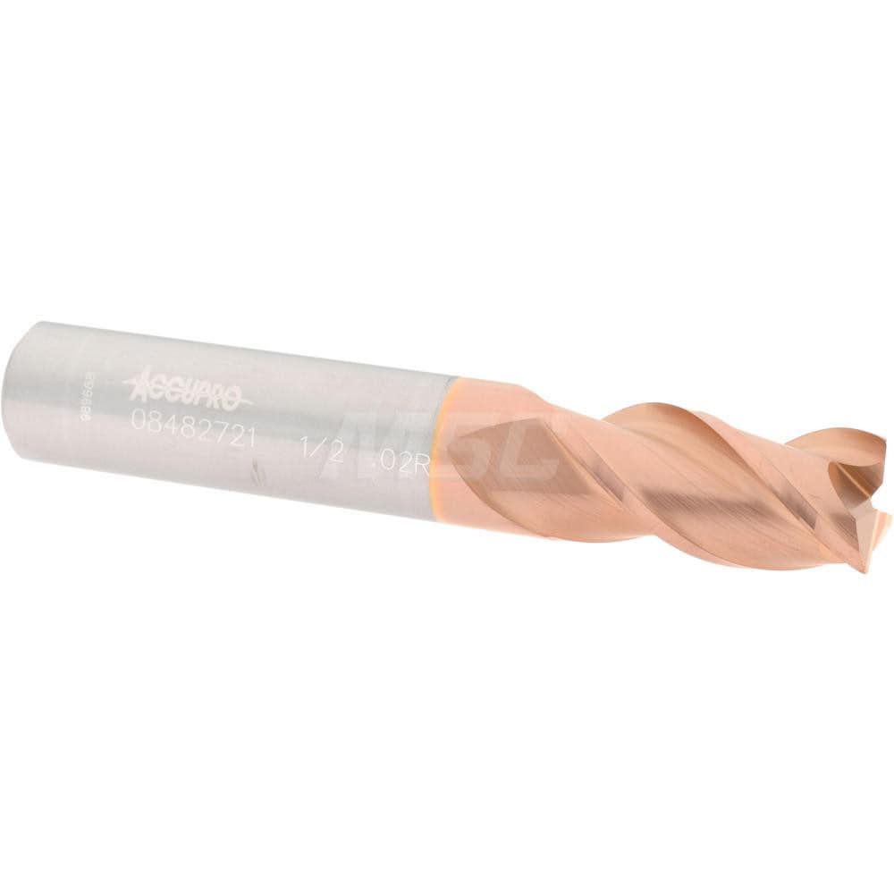 Corner Radius End Mill: 1/2" Dia, 1" LOC, 0.02" Radius, 3 Flutes, Solid Carbide