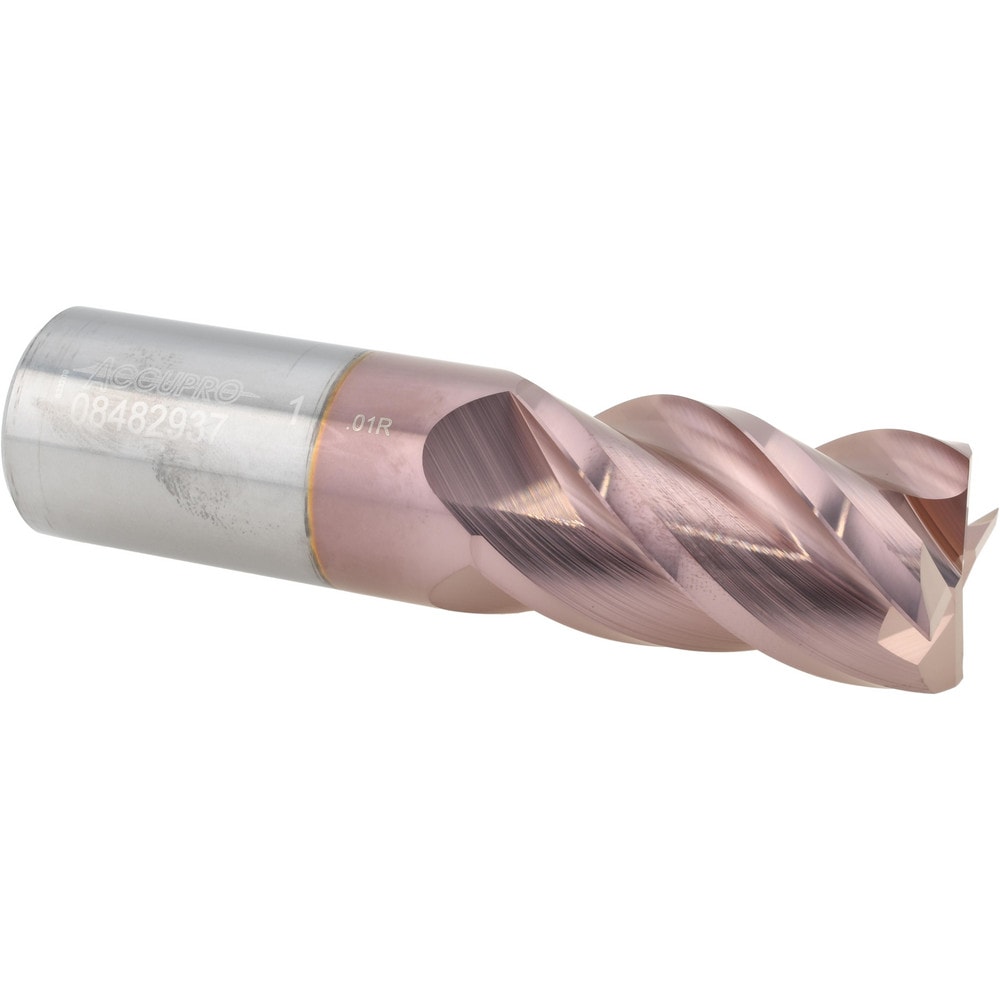 Corner Radius End Mill: 1" Dia, 1-3/4" LOC, 0.0100" Radius, 4 Flute, Solid Carbide