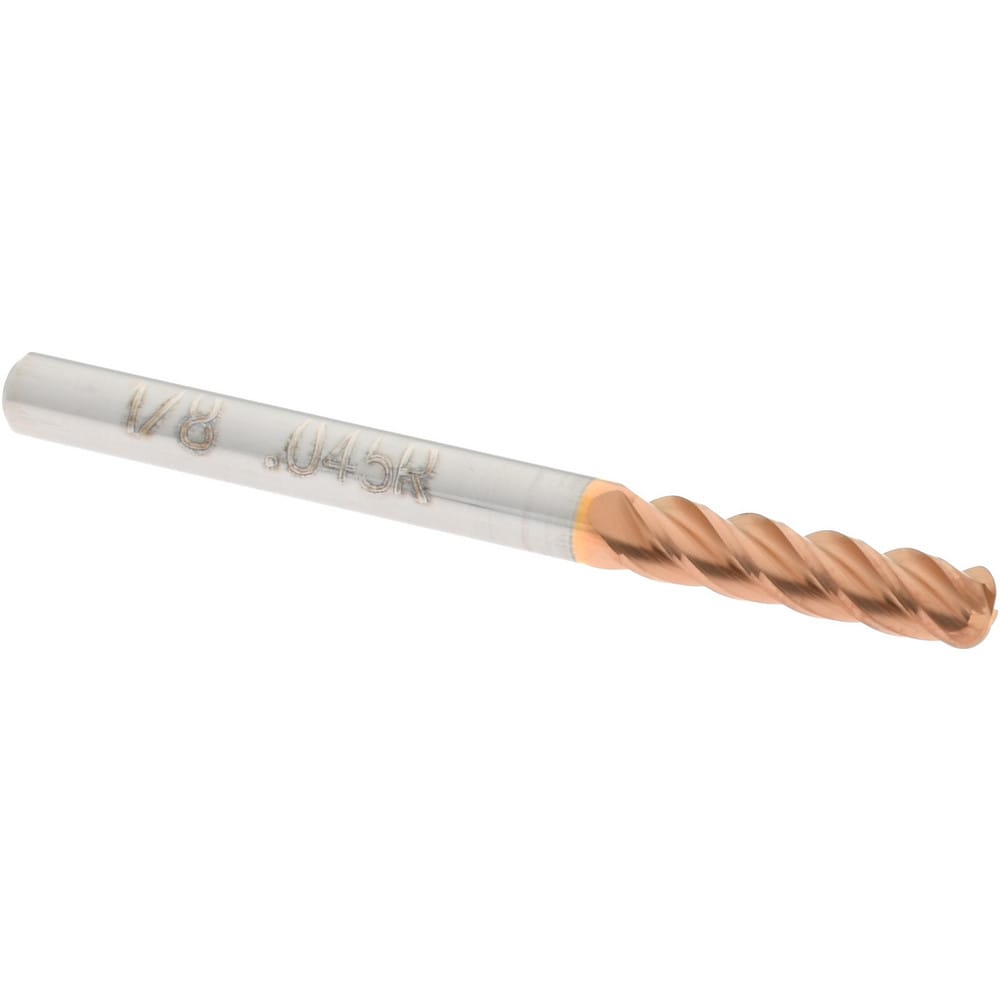 Corner Radius End Mill: 1/8" Dia, 1/2" LOC, 0.045" Radius, 4 Flutes, Solid Carbide