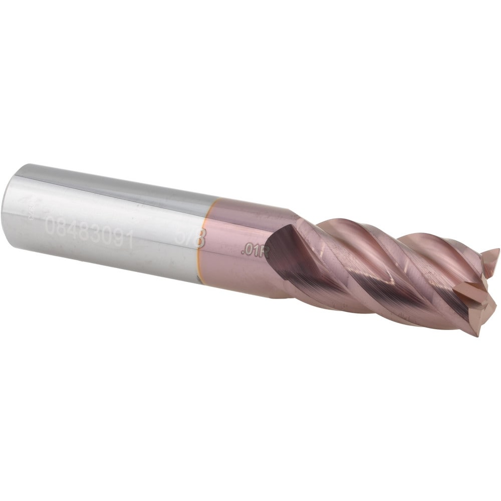 Corner Radius End Mill: 5/8" Dia, 1-1/4" LOC, 0.0100" Radius, 4 Flute, Solid Carbide