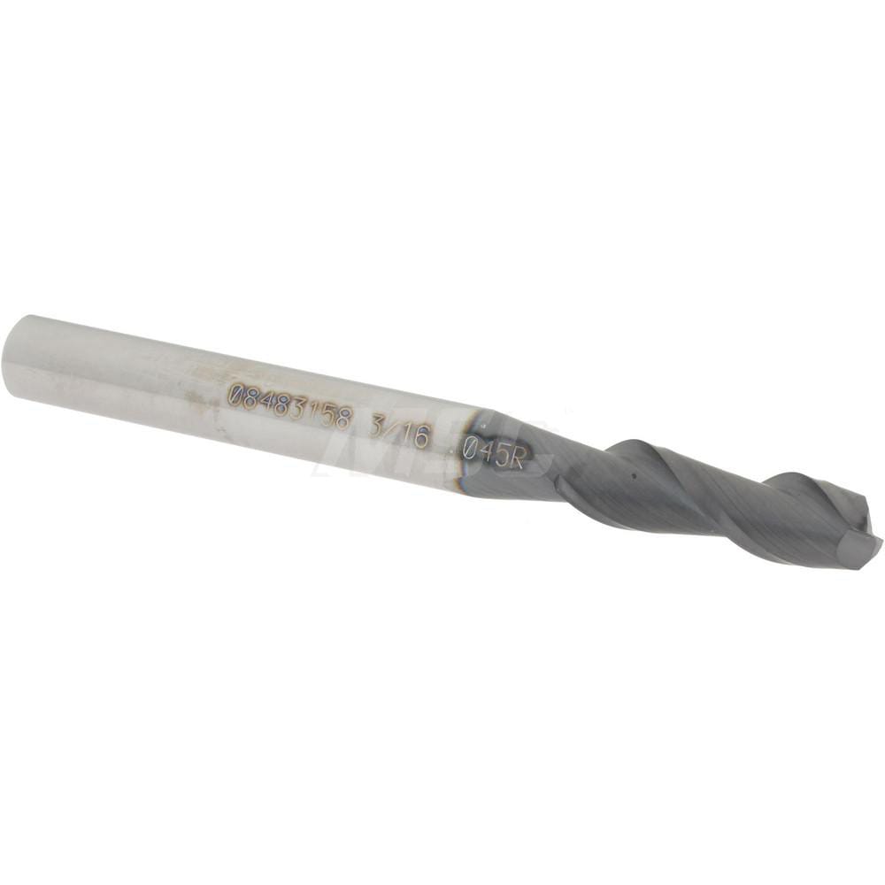 Corner Radius End Mill: 3/16" Dia, 5/8" LOC, 0.045" Radius, 2 Flutes, Solid Carbide