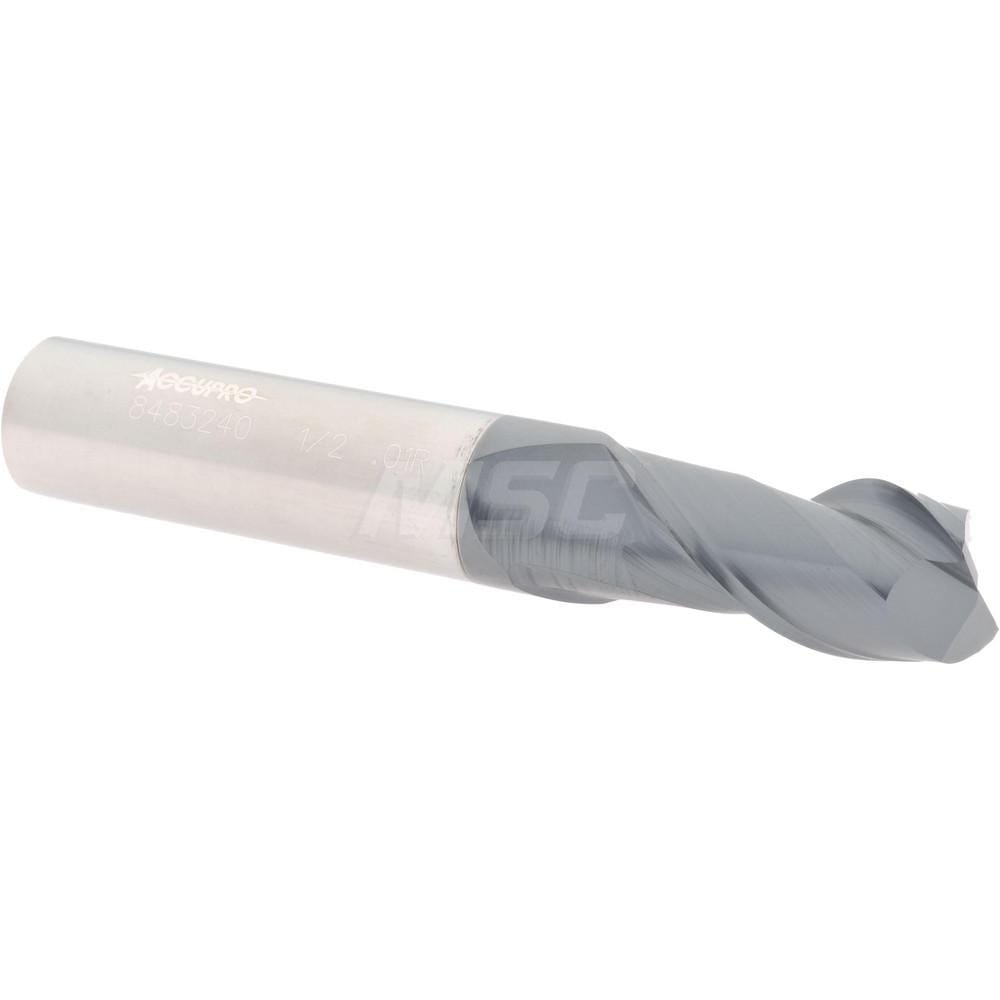 Corner Radius End Mill: 1/2" Dia, 1" LOC, 0.01" Radius, 2 Flutes, Solid Carbide