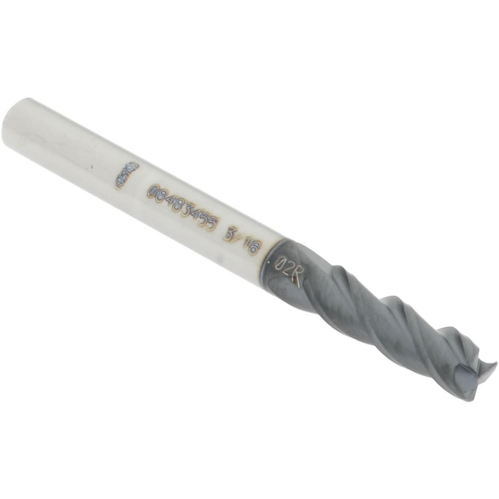 Corner Radius End Mill: 3/16" Dia, 5/8" LOC, 0.02" Radius, 3 Flutes, Solid Carbide
