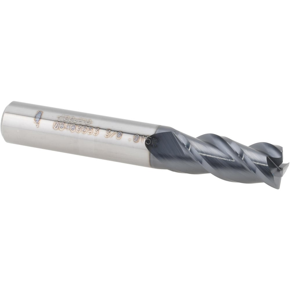 Corner Radius End Mill: 3/8" Dia, 7/8" LOC, 0.0150" Radius, 3 Flute, Solid Carbide