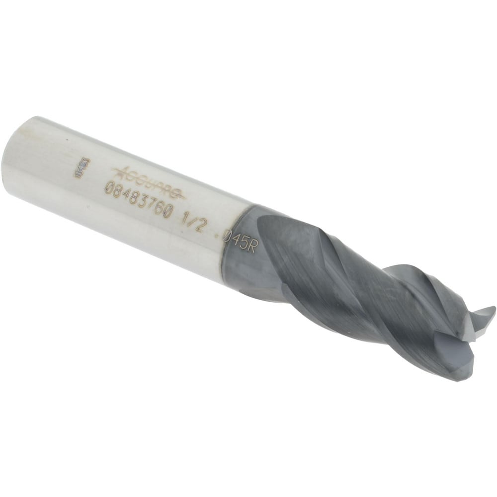 Corner Radius End Mill: 1/2" Dia, 1" LOC, 0.045" Radius, 3 Flutes, Solid Carbide